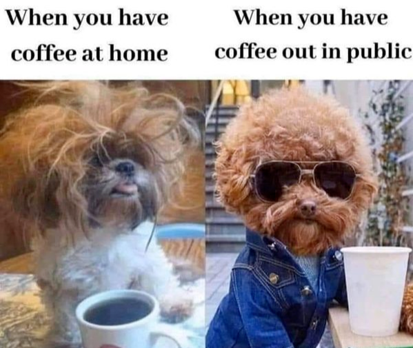 When you have coffee at home vs when you have coffee out in public meme