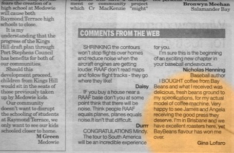 Port Stephens Examiner - feedback on Bay Beans coffee (click to enlarge)