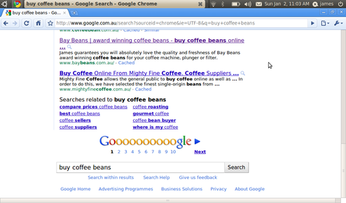 Bay beans coffee on page one of Google in Australia